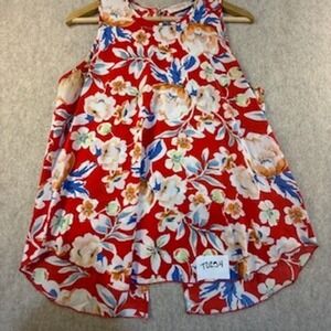 Renee C Womens Red Floral Sleeveless Split Back Blouse Top Made in USA